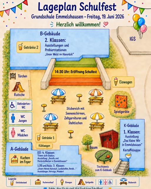 Lageplan für das Schulfest am 19. Juni 2026. Beginn um 14:30 Uhr